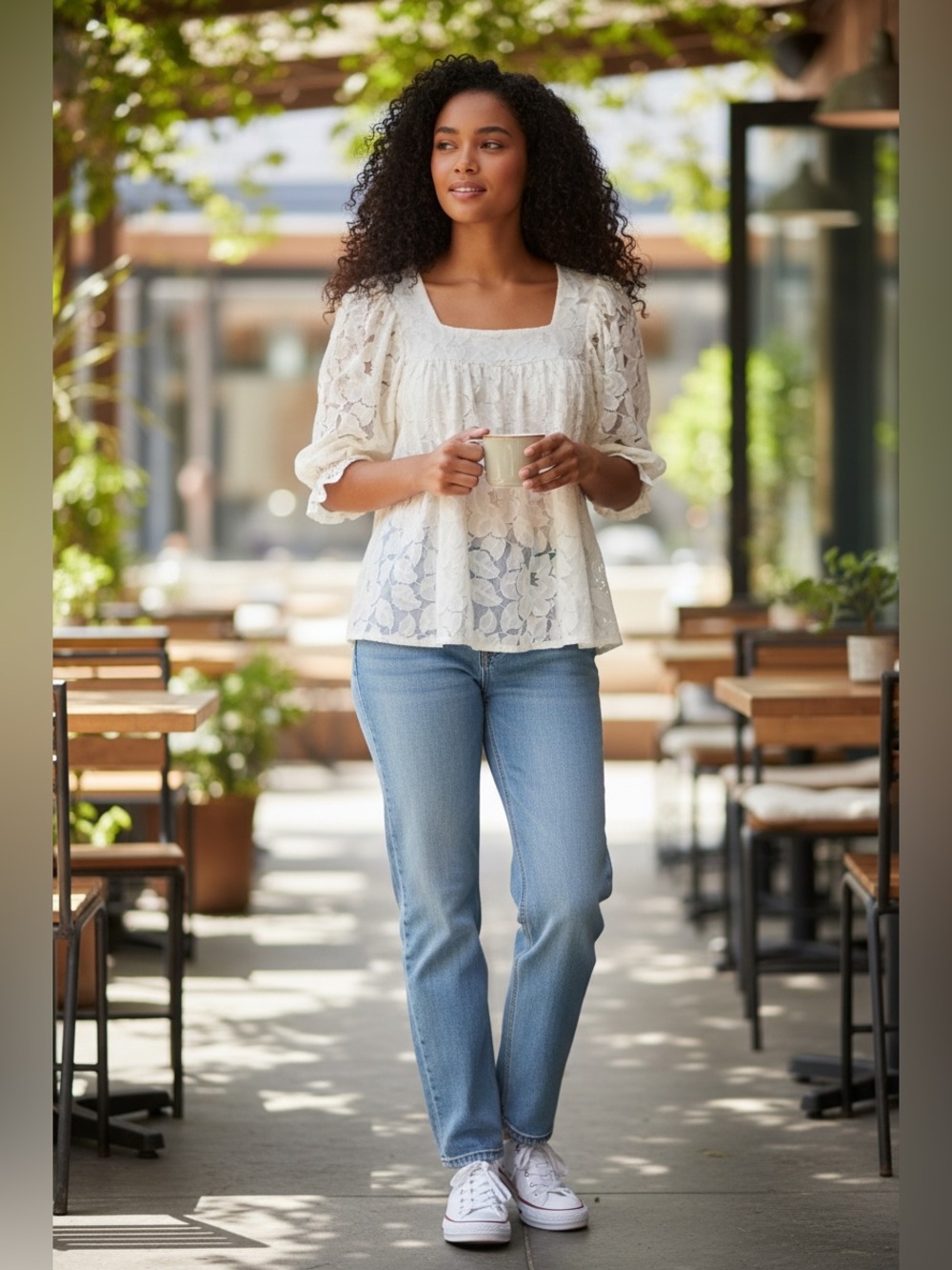 NorthStyle Cream Floral Lace Square-Neck Blouse